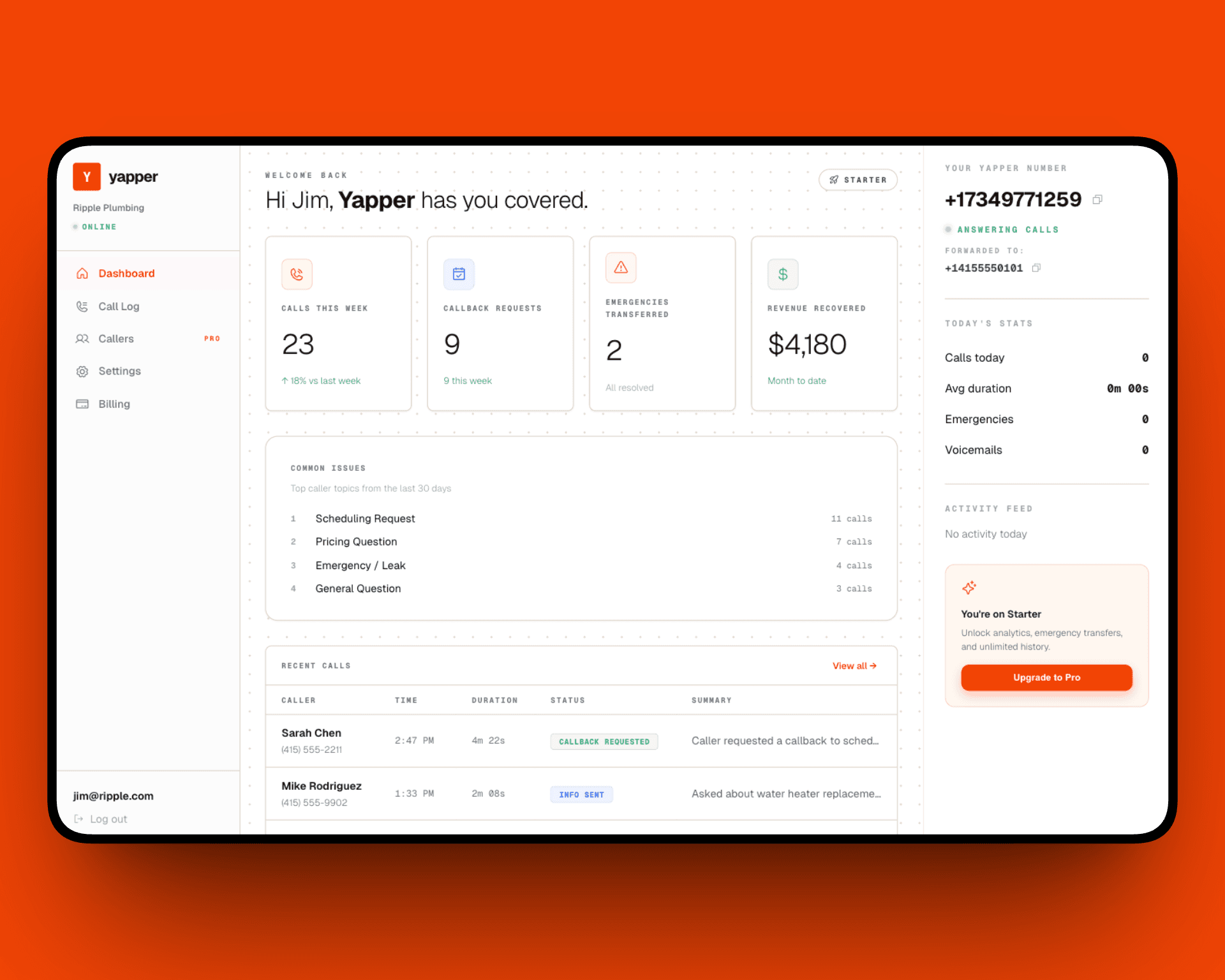 Yapper AI receptionist dashboard showing call logs, transcripts, and appointment summaries